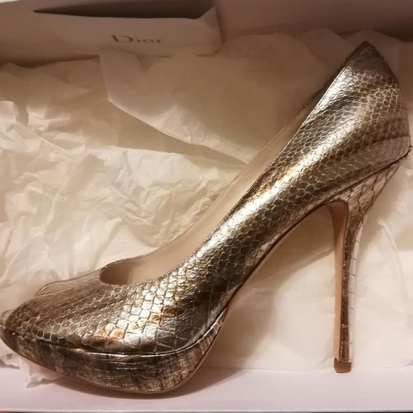 NIB CHRISTIAN DIOR 41 Metallic Python Snakeskin Peep-Toe Platform Pumps - Picture 5 of 9
